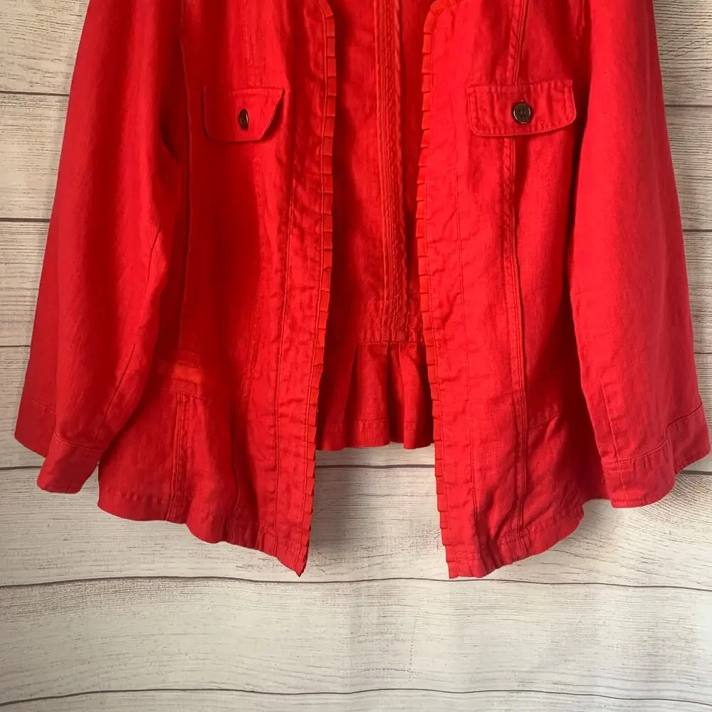 Multiples Pink Linen Blazer Jacket with Ruffle Detail 3/4 Sleeves Size L